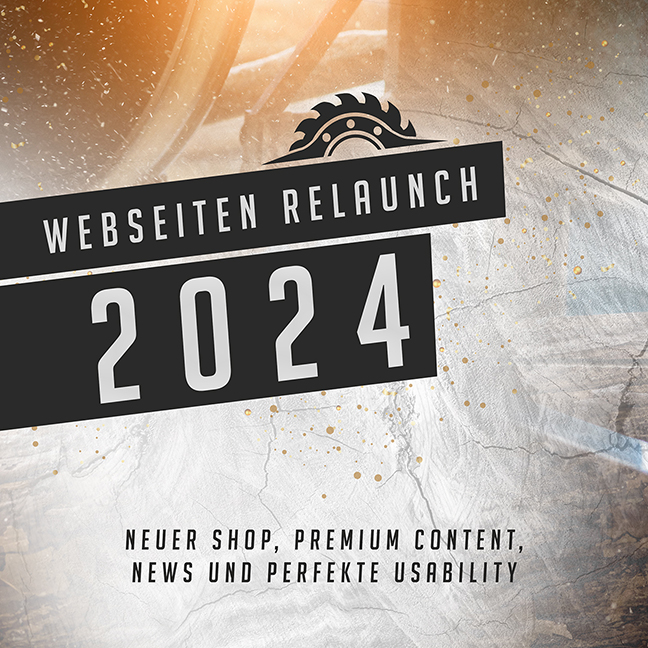 Ankündigung eines Website-Relaunches für das Jahr 2024, mit einem großen, kühnen '2024' im Zentrum, unterstrichen von den Worten 'neuer Shop, Premium Content, News und perfekte Usability'. Der Hintergrund zeigt eine eisige Textur mit funkelnden Akzenten.